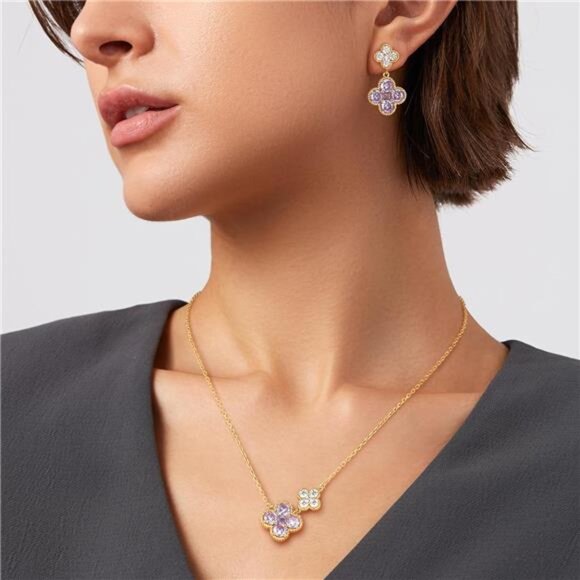 June Birthstone Alexandrite Clover Earrings | 14K Gold Plated Dangle Studs - Picture 4 of 5